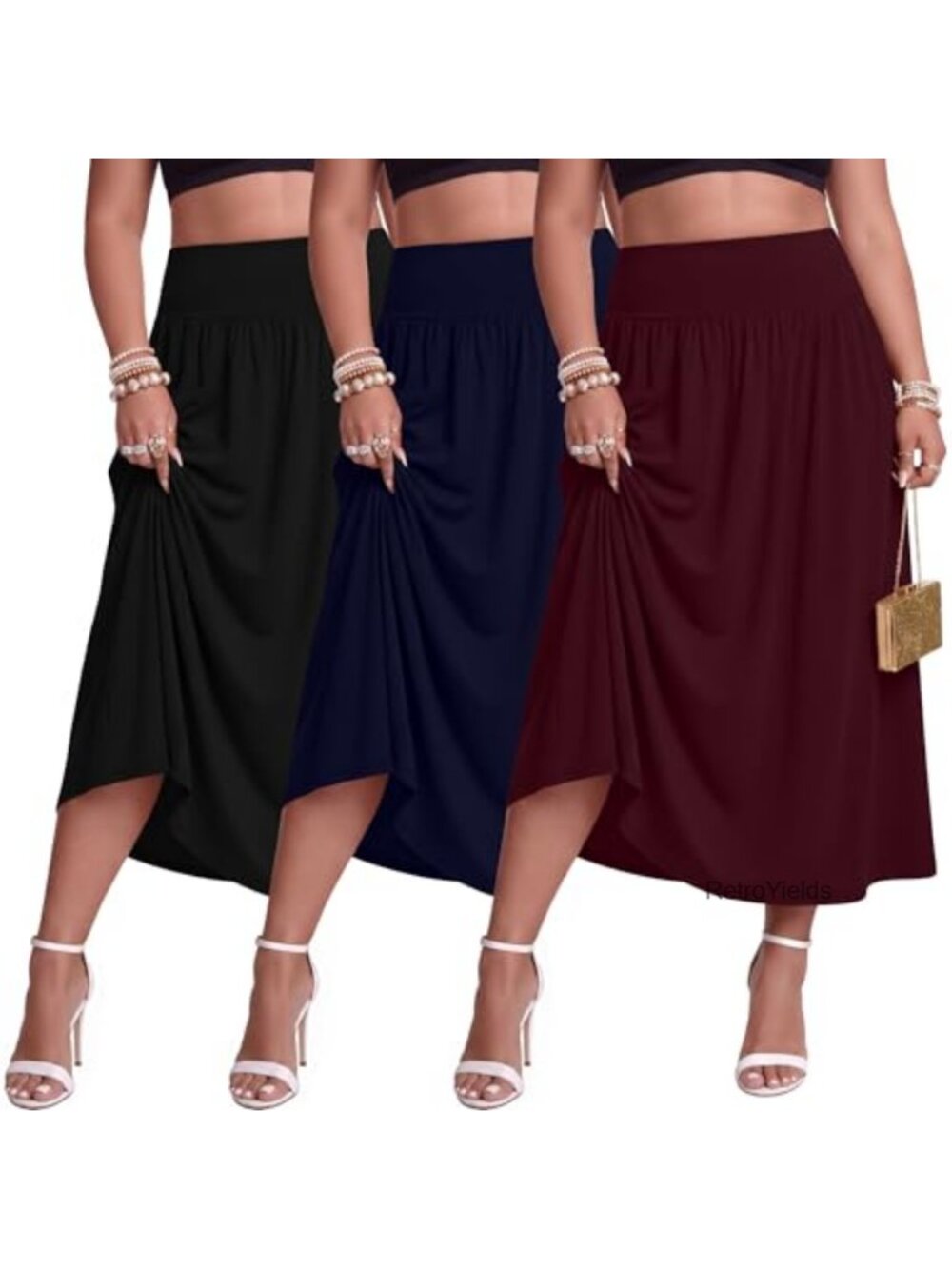 3 Pack Plus Size Maxi Skirts with Pockets | A-Line High Waist Casual Long Skirts